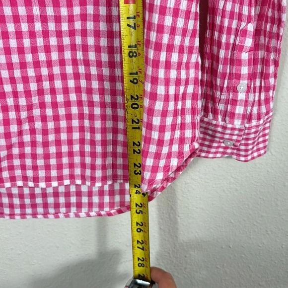 Talbots Gingham Checkered Hot Pink White Long Sleeve Vneck Blouse size S - Picture 4 of 9